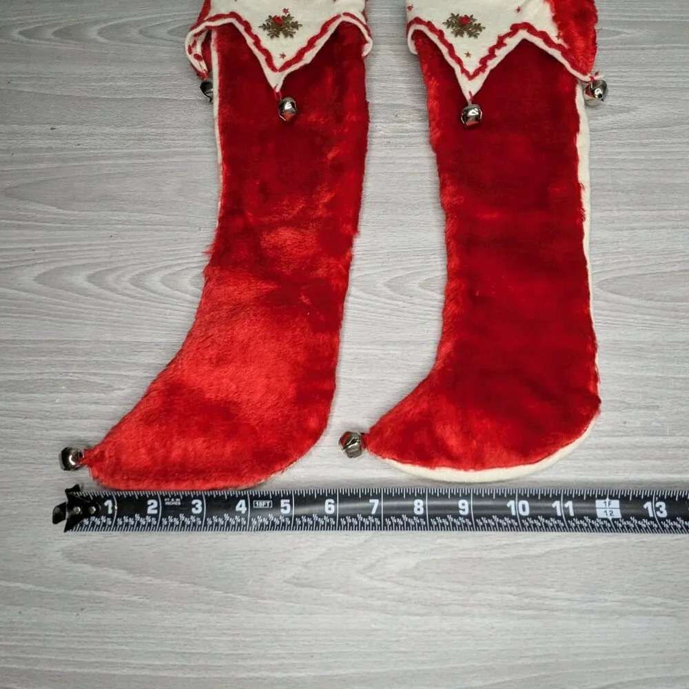 Vintage Felt Red & White Christmas Stockings with Bells 14